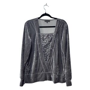 CLASSIC EDITIONS Sequin V-Neck Velvet Long Sleeve Top Women M/M Gray